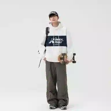 王者荣耀 鲁班七号星空梦想款 国潮复古拼接撞色趣味字母印花设计落肩休闲宽松套头多巴胺重磅连帽长袖卫衣 男女同款