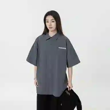 敦煌博物馆 日系简约华夫格字母舒适透气宽松百搭短袖衬衫 男女同款