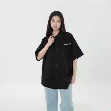 敦煌博物馆 日系简约华夫格字母舒适透气宽松百搭短袖衬衫 男女同款