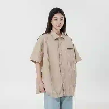 敦煌博物馆 日系简约华夫格字母舒适透气宽松百搭短袖衬衫 男女同款