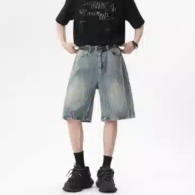 大卫贝肯 美式复古高街水洗小众设计感爆裂闪电纹设计潮流酷帅宽松廓形通勤百搭七分牛仔短裤 男女同款