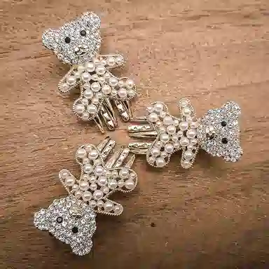 简应舒 小熊水钻珍珠小发抓刘海夹前额边夹侧边夹子头饰 合金+仿钻 发夹 女款