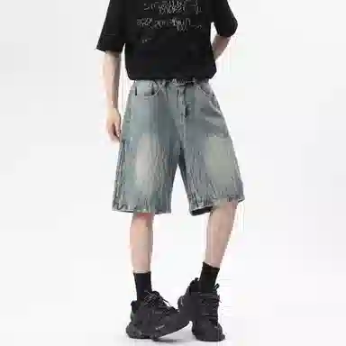 大卫贝肯 美式复古高街水洗小众设计感爆裂闪电纹设计潮流酷帅宽松廓形通勤百搭七分牛仔短裤 男女同款
