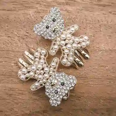 简应舒 小熊水钻珍珠小发抓刘海夹前额边夹侧边夹子头饰 合金+仿钻 发夹 女款