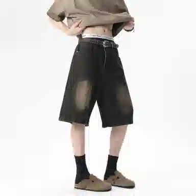 大卫贝肯 美式复古高街水洗小众设计感爆裂闪电纹设计潮流酷帅宽松廓形通勤百搭七分牛仔短裤 男女同款