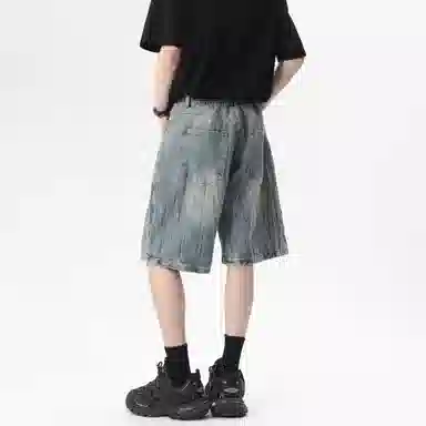 大卫贝肯 美式复古高街水洗小众设计感爆裂闪电纹设计潮流酷帅宽松廓形通勤百搭七分牛仔短裤 男女同款