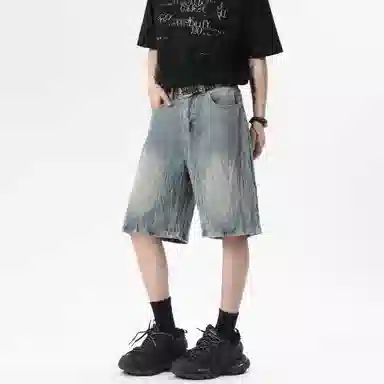 大卫贝肯 美式复古高街水洗小众设计感爆裂闪电纹设计潮流酷帅宽松廓形通勤百搭七分牛仔短裤 男女同款