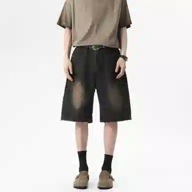 大卫贝肯 美式复古高街水洗小众设计感爆裂闪电纹设计潮流酷帅宽松廓形通勤百搭七分牛仔短裤 男女同款