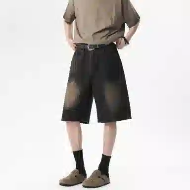 大卫贝肯 美式复古高街水洗小众设计感爆裂闪电纹设计潮流酷帅宽松廓形通勤百搭七分牛仔短裤 男女同款