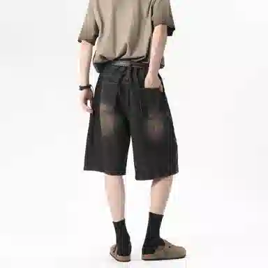 大卫贝肯 美式复古高街水洗小众设计感爆裂闪电纹设计潮流酷帅宽松廓形通勤百搭七分牛仔短裤 男女同款