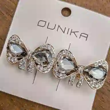 简应舒 一字碎发刘海前额边侧边双蝴蝶结 合金+仿钻 发夹 女款