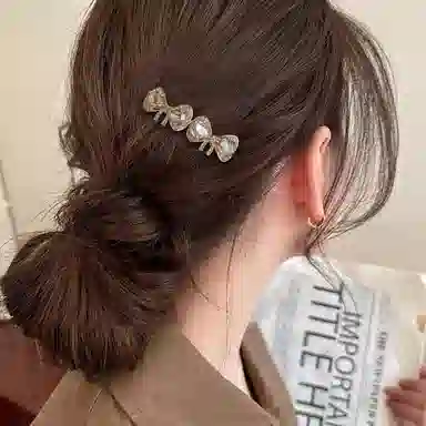 简应舒 一字碎发刘海前额边侧边双蝴蝶结 合金+仿钻 发夹 女款