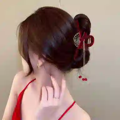 贯古今 红色相思复古优雅后脑勺鲨鱼气质高级感 合金 发夹 女款