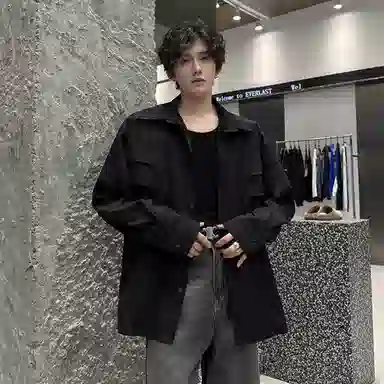 快鱼 美式简约高街高品质基础对称假口袋打底时尚个性设计翻领无性别主义潮流舒适休闲长袖衬衫 男女同款