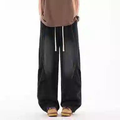 红蜻蜓 美式复古水洗做旧阔腿裤潮牌百搭牛仔裤 男女同款