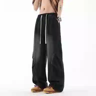 红蜻蜓 美式复古水洗做旧阔腿裤潮牌百搭牛仔裤 男女同款