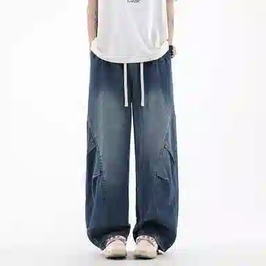 红蜻蜓 美式复古水洗做旧阔腿裤潮牌百搭牛仔裤 男女同款