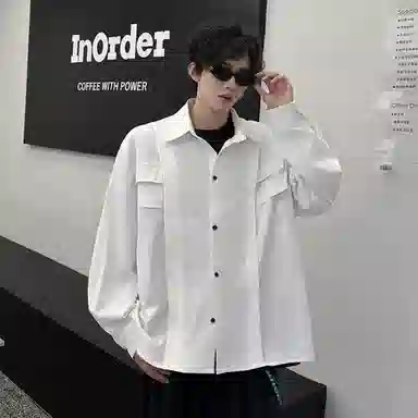 快鱼 美式简约高街高品质基础对称假口袋打底时尚个性设计翻领无性别主义潮流舒适休闲长袖衬衫 男女同款