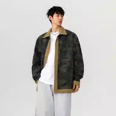 冰飞 美式复古高级感撞色拼接迷彩设计工装宽松休闲舒适翻领单排扣设计学院风潮流百搭牛仔外套 男女同款