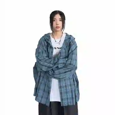 我是大卫 格子舒适百搭连帽长袖衬衫 男女同款 蓝色格子