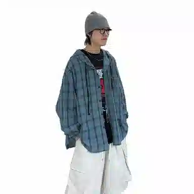 我是大卫 格子舒适百搭连帽长袖衬衫 男女同款 蓝色格子