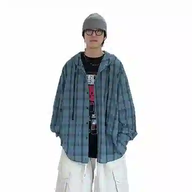 我是大卫 格子舒适百搭连帽长袖衬衫 男女同款 蓝色格子