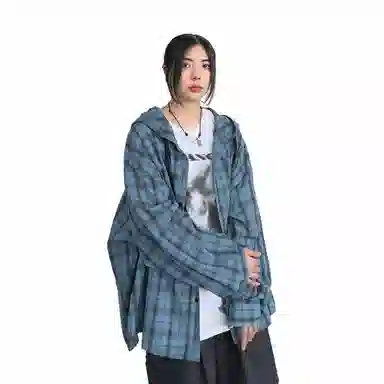 我是大卫 格子舒适百搭连帽长袖衬衫 男女同款 蓝色格子