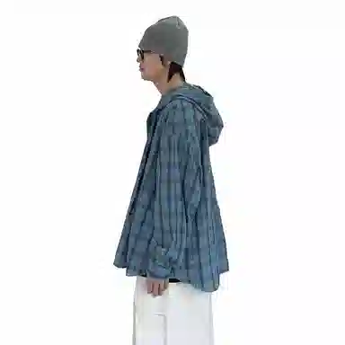 我是大卫 格子舒适百搭连帽长袖衬衫 男女同款 蓝色格子