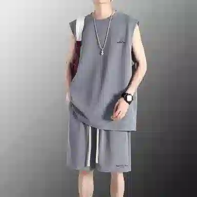 稻草人 冰感户外轻薄透气圆领套头百搭无袖上衣宽松系带松紧直筒垂感五分短裤休闲运动套装 男女同款