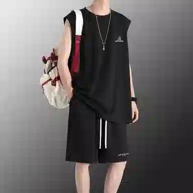 稻草人 冰感户外轻薄透气圆领套头百搭无袖上衣宽松系带松紧直筒垂感五分短裤休闲运动套装 男女同款