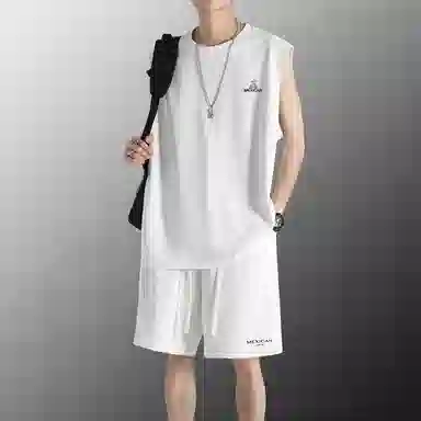 稻草人 冰感户外轻薄透气圆领套头百搭无袖上衣宽松系带松紧直筒垂感五分短裤休闲运动套装 男女同款