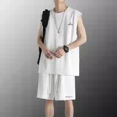 稻草人 冰感户外轻薄透气圆领套头百搭无袖上衣宽松系带松紧直筒垂感五分短裤休闲运动套装 男女同款