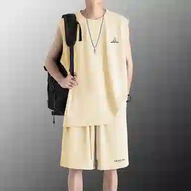 稻草人 冰感户外轻薄透气圆领套头百搭无袖上衣宽松系带松紧直筒垂感五分短裤休闲运动套装 男女同款