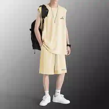 稻草人 冰感户外轻薄透气圆领套头百搭无袖上衣宽松系带松紧直筒垂感五分短裤休闲运动套装 男女同款