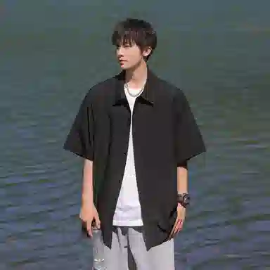 兰缪 美式复古高街风纯色基础款满天星宽松休闲日常百搭通勤学生党圆领重磅短袖衬衫 男女同款