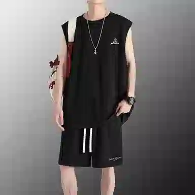 稻草人 冰感户外轻薄透气圆领套头百搭无袖上衣宽松系带松紧直筒垂感五分短裤休闲运动套装 男女同款