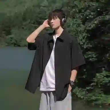 兰缪 美式复古高街风纯色基础款满天星宽松休闲日常百搭通勤学生党圆领重磅短袖衬衫 男女同款