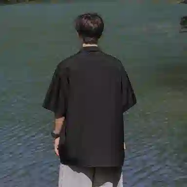 兰缪 美式复古高街风纯色基础款满天星宽松休闲日常百搭通勤学生党圆领重磅短袖衬衫 男女同款