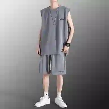 稻草人 冰感户外轻薄透气圆领套头百搭无袖上衣宽松系带松紧直筒垂感五分短裤休闲运动套装 男女同款