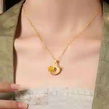 庆大福 山茶花平安扣 小众设计感 新中式复古百搭高贵显气质#好运 玉髓 项链 女款