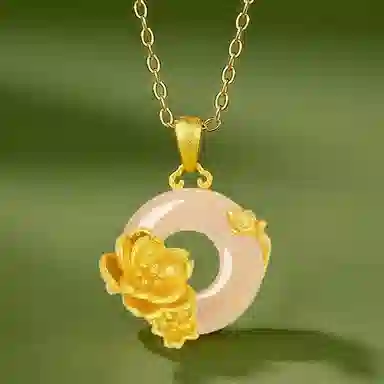 庆大福 桃花系列 十二花神平安扣小众设计感 新中式复古百搭高贵显气质#好运 玉髓 玉石项链 女款