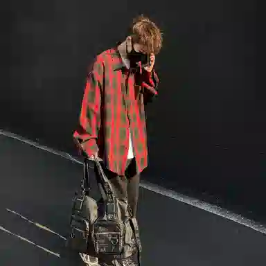 冰飞 美式复古嘻哈高街小众设计宽松休闲舒适格子褂子外套上衣服少年感穿搭潮牌潮流学院风工装长袖衬衫 男女同款