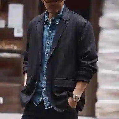 格蓝鹿 美式复古纹理感翻领长袖西装 男款 黑色