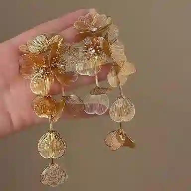 韵系 新中式金色流苏花朵 铜镀金 耳环 女款