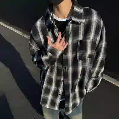 冰飞 美式复古嘻哈高街小众设计宽松休闲舒适格子褂子外套上衣服少年感穿搭潮牌潮流学院风工装长袖衬衫 男女同款
