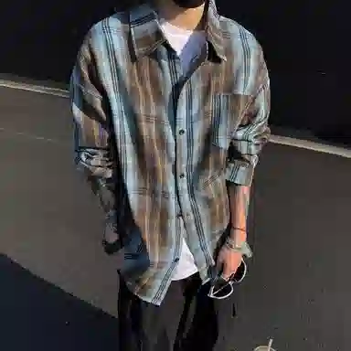 冰飞 美式复古嘻哈高街小众设计宽松休闲舒适格子褂子外套上衣服少年感穿搭潮牌潮流学院风工装长袖衬衫 男女同款