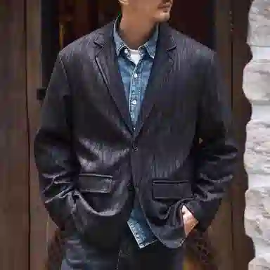 格蓝鹿 美式复古纹理感翻领长袖西装 男款 黑色