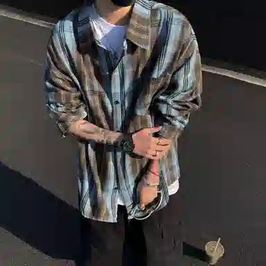 冰飞 美式复古嘻哈高街小众设计宽松休闲舒适格子褂子外套上衣服少年感穿搭潮牌潮流学院风工装长袖衬衫 男女同款