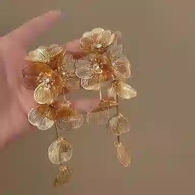 韵系 新中式金色流苏花朵 铜镀金 耳环 女款