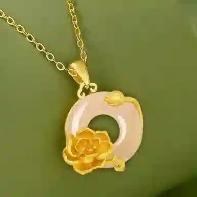 庆大福 牡丹花吊坠系列 十二神花中国风平安扣锁骨链新中式国潮小众设计简约本命年#好运 玉髓 项链 女款